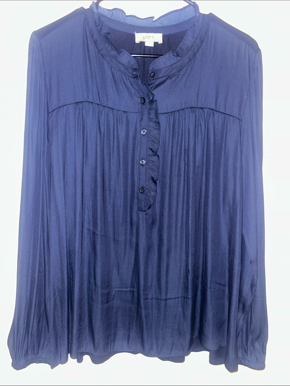 LOFT Navy Ruffle-Trim Button-Front Blouse